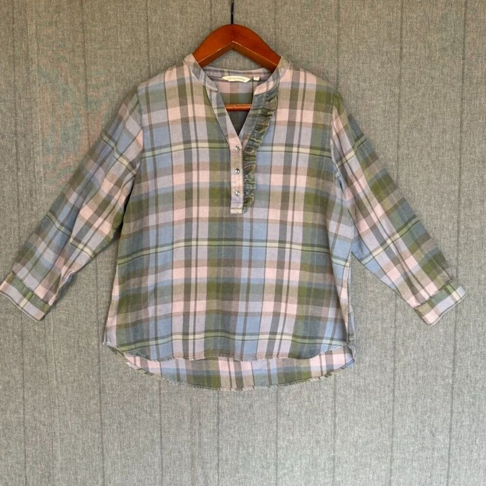 Soft Surroundings Serissa 1005 Cotton Flannel Green Lavender Blue Plaid Blouse
